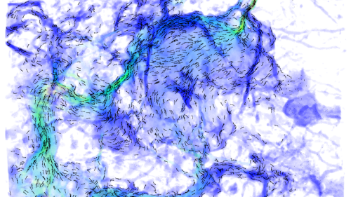 Visualisierung des modellierten Fließfeldes im Porensystem eines Aquifergesteins